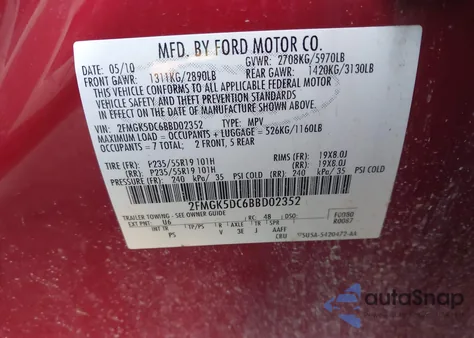 2011 Ford Flex Limited from USA, damaged, VIN 2FMGK5DC6BBD02352